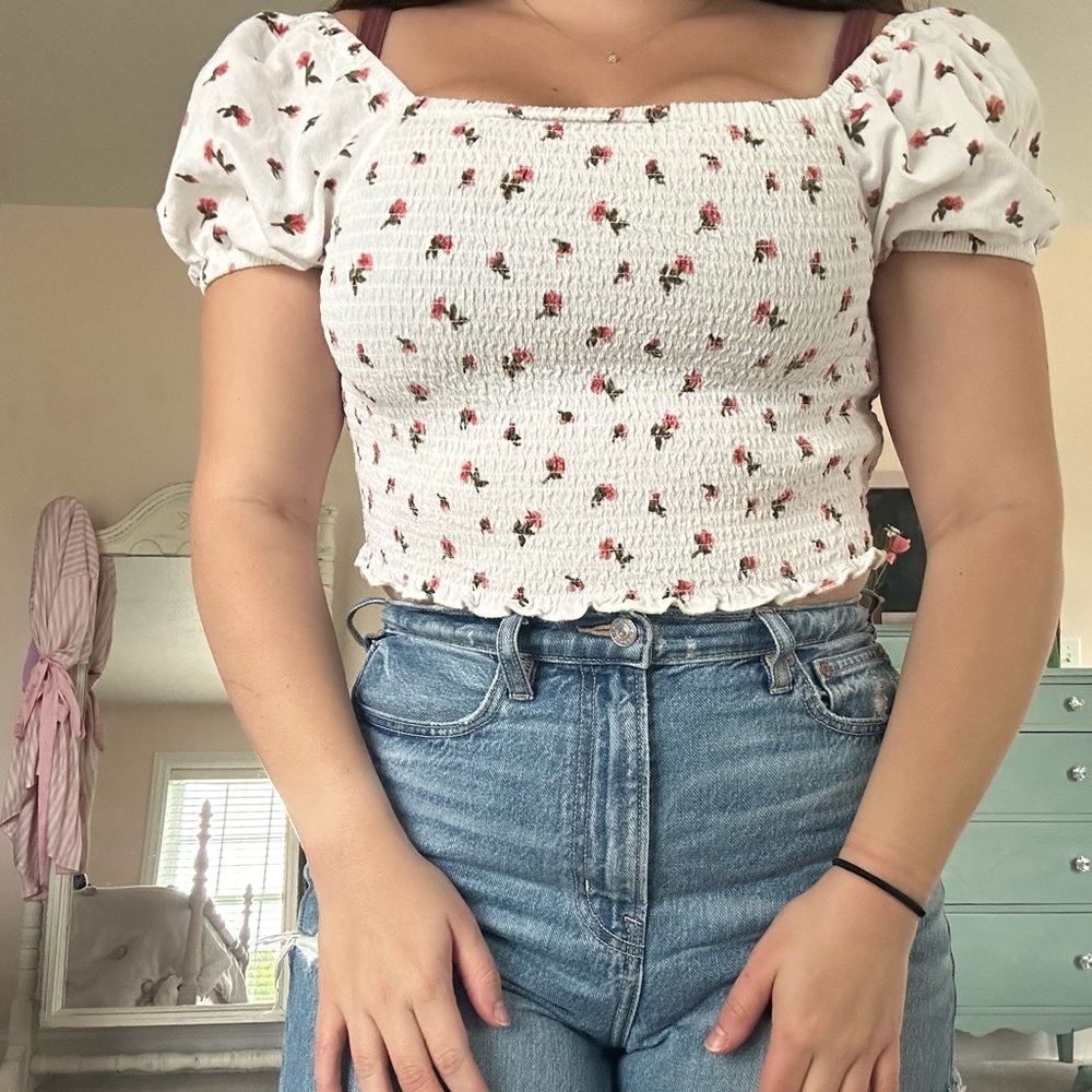 American Eagle Corduroy Floral Cropped Blouse